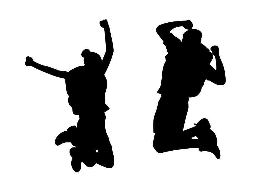 Black silhouette on white background of happy people jumping for joy.