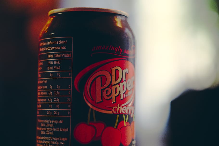 drink, logo, can, dark, dr. pepper, cherry, red, bokeh, light