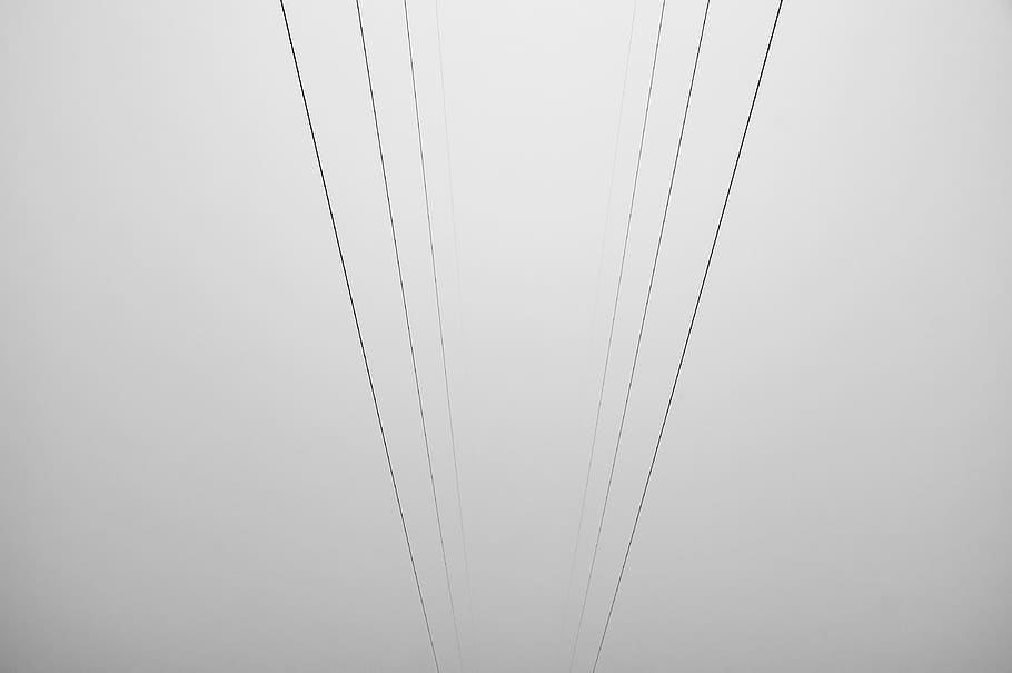 cable, power lines, electric transmission tower, wire, fog