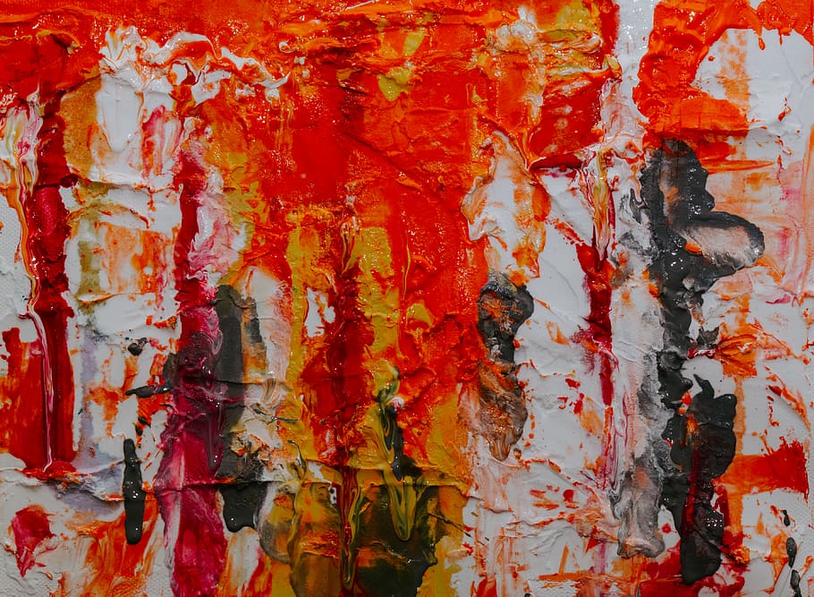 Red, Yellow, and Black Abstract Painting on White Canvas, abstract expressionism