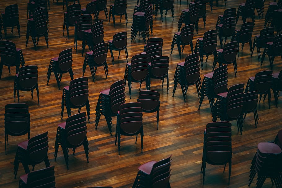 black stackable chair lot inside building, seat, indoors, absence HD wallpaper