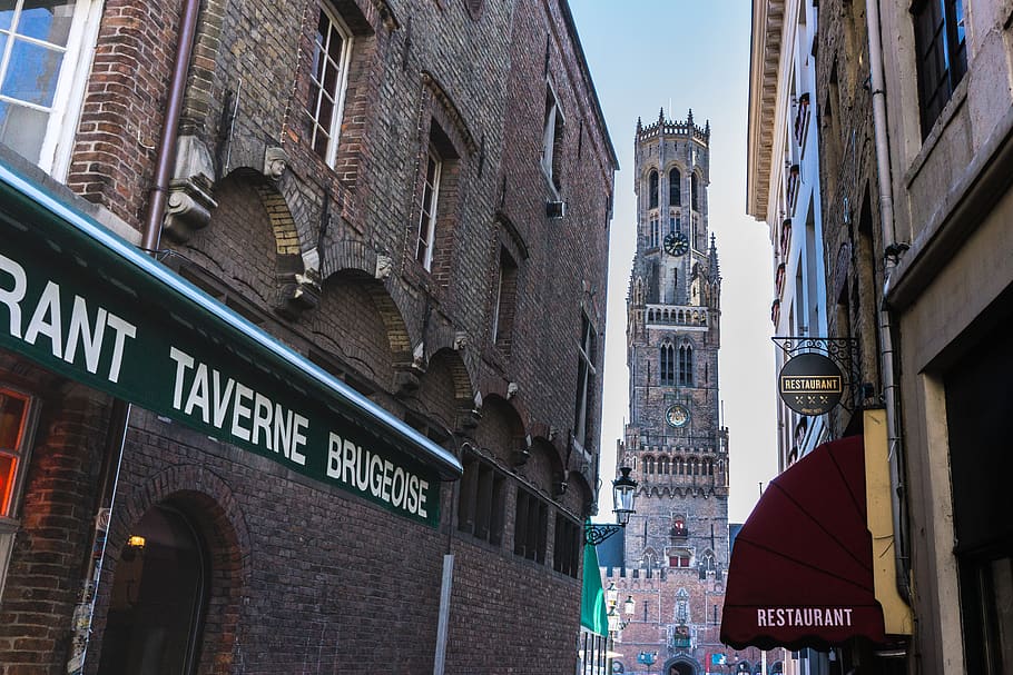 sign, restaurant, perspective, brick, tower, belgium, street HD wallpaper