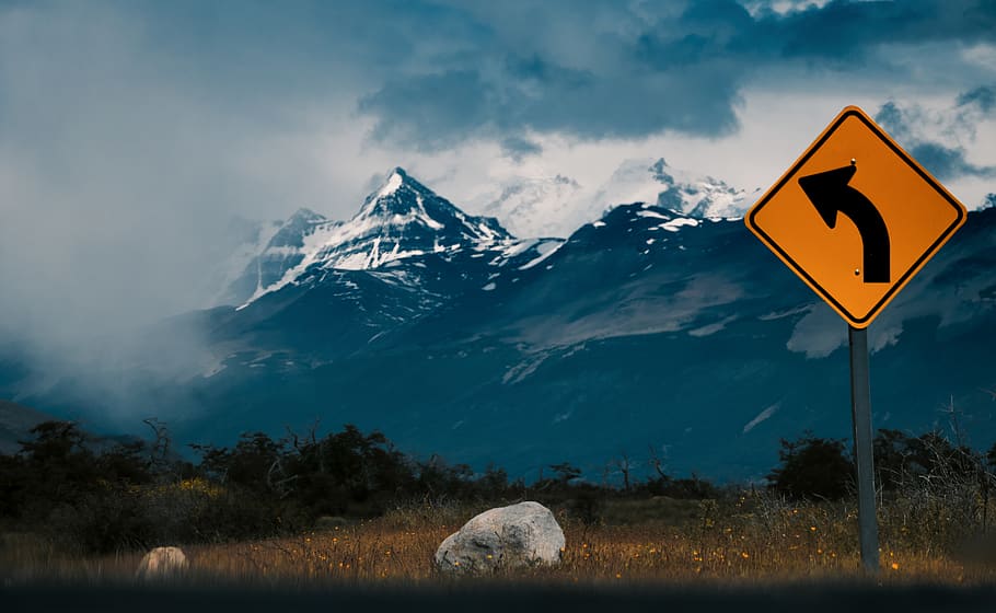 black and orange left turn arrow road signage, nature, outdoors, HD wallpaper