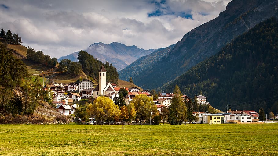 bergdorf, reschensee, autumn, south tyrol, italy, alpine, mountains, HD wallpaper