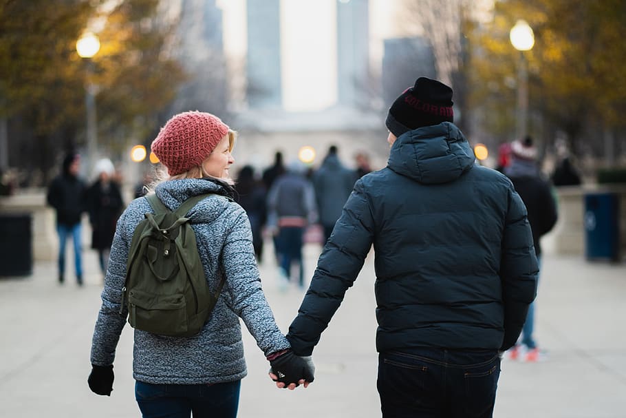 Man and Woman Holding Hands While Walking at Park, action, adults HD wallpaper