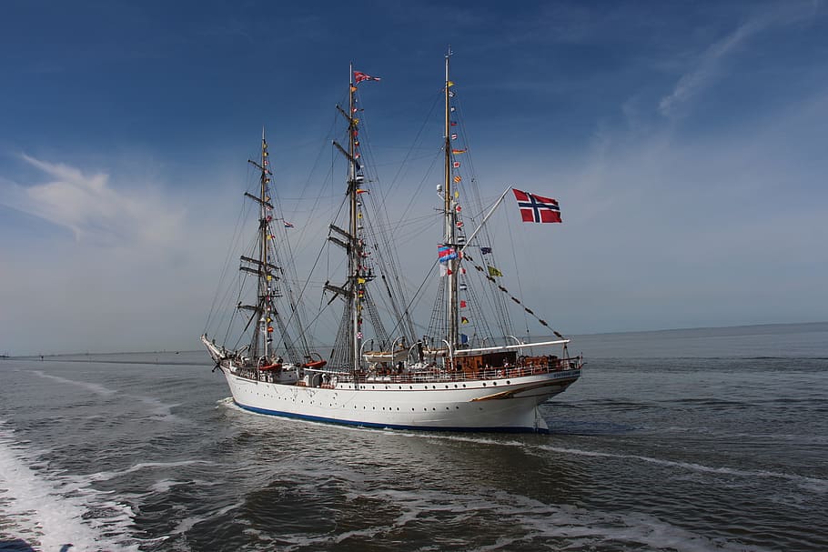 tall ship, norway, wadden sea, sailing boat, harlingen, sky, HD wallpaper