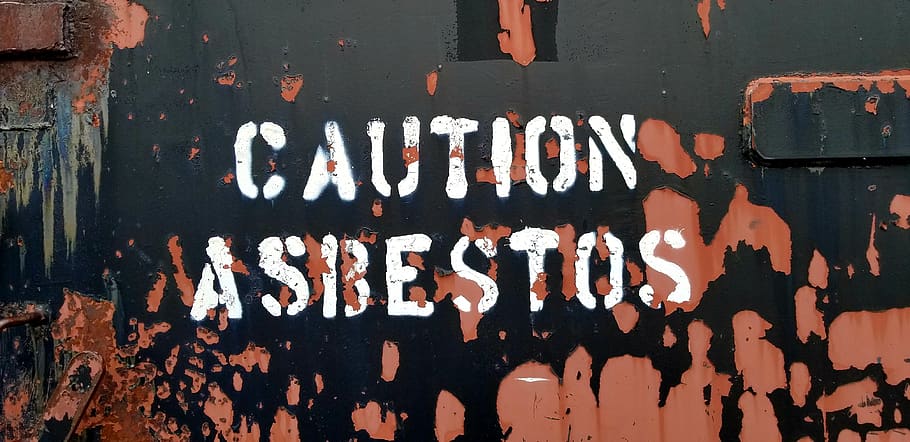 caution sign, asbestos, rust, abandoned, air force base, bunker door, HD wallpaper