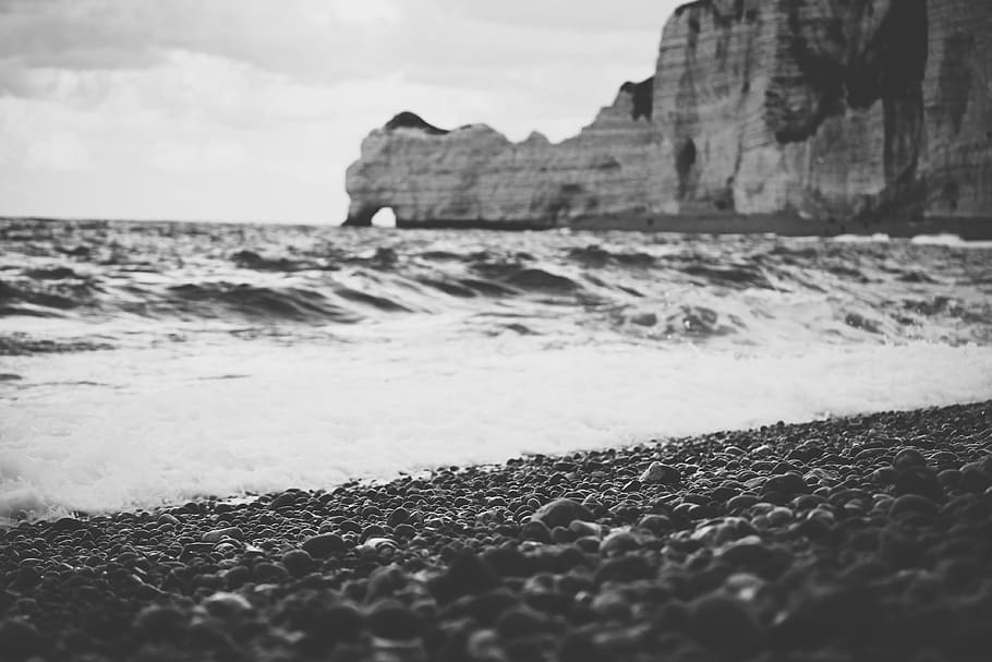 france, étretat, black, white, water, stone, stones, beach