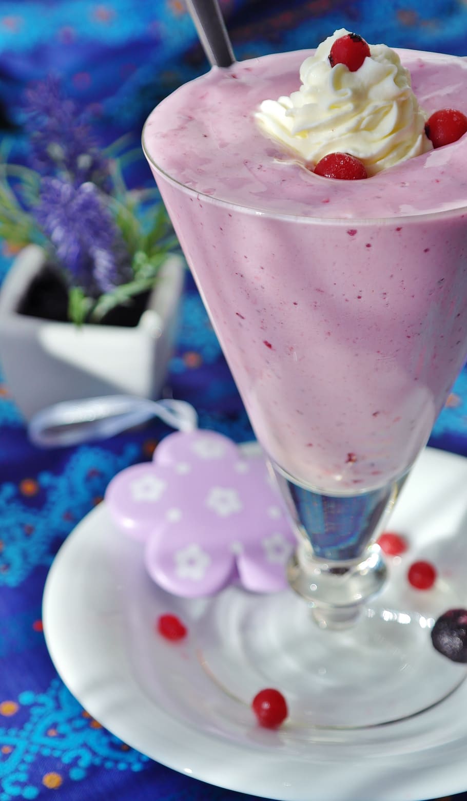 Pink Milkshake in Parfait Glass, berries, berry, blur, close-up