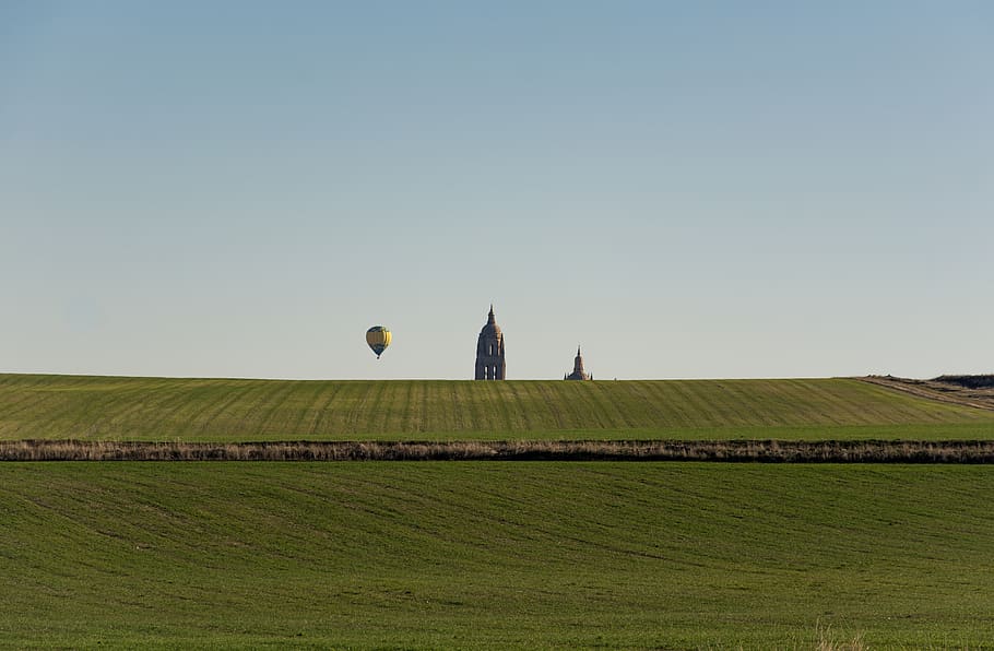 fields, cathedral, landscape, surreal, green, spain, sky, copy space HD wallpaper