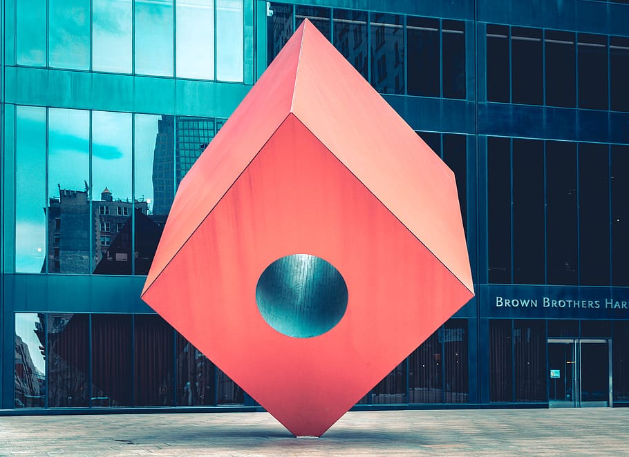 orange cube statue, sphere, triangle, tent, art, inflatable, ball HD wallpaper