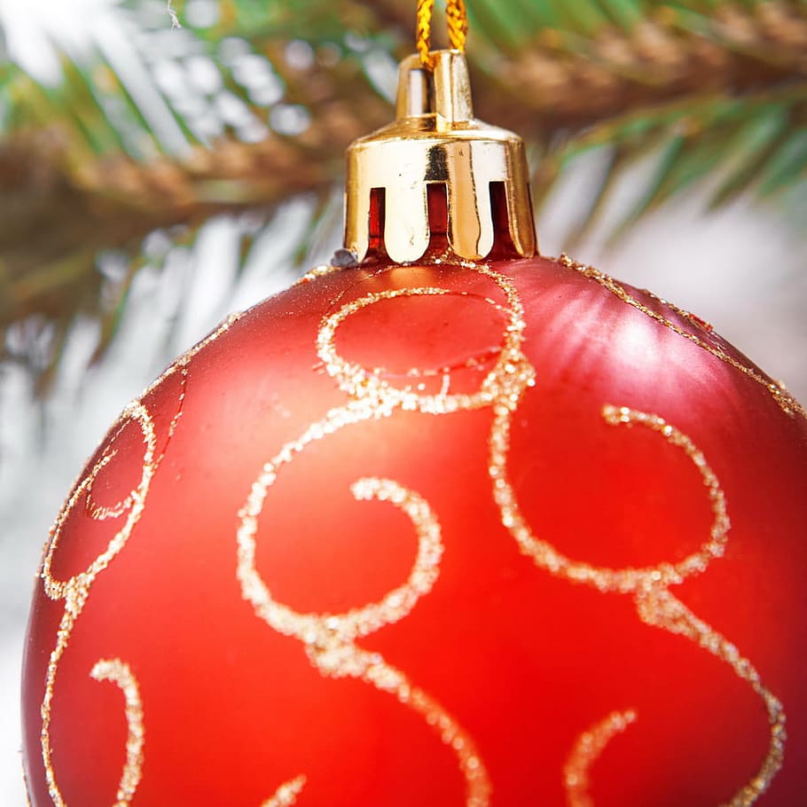 ball, bauble, red, branch, celebrate, christmas, close-up, closeup HD wallpaper