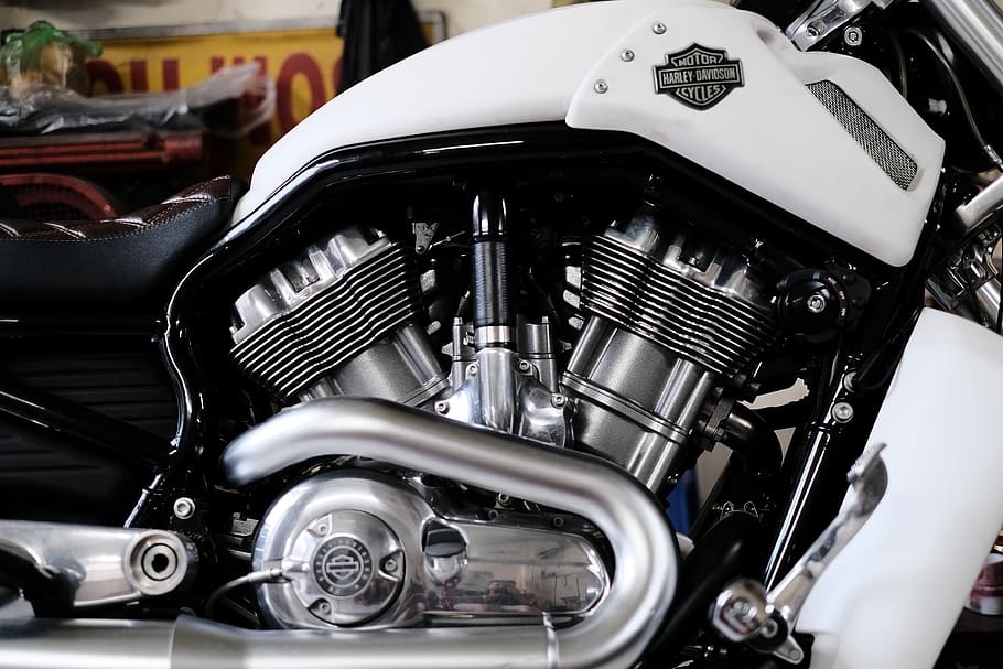 white Harley-Davidson motorcycle, engine, close-up, metal, mode of transportation HD wallpaper