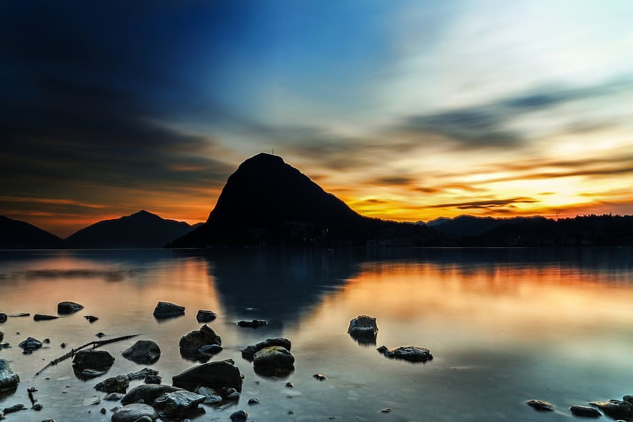 Silhouette Of Mountain, calm, dawn, landscape, nature, scenic HD wallpaper