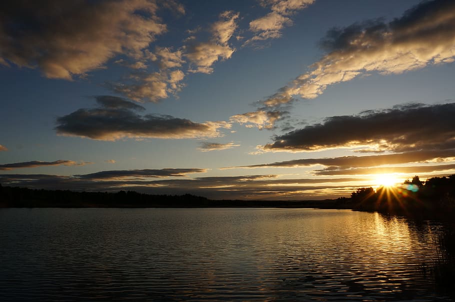 sunset, lake, sky, evening, tranquility, twilight, water, nature HD wallpaper