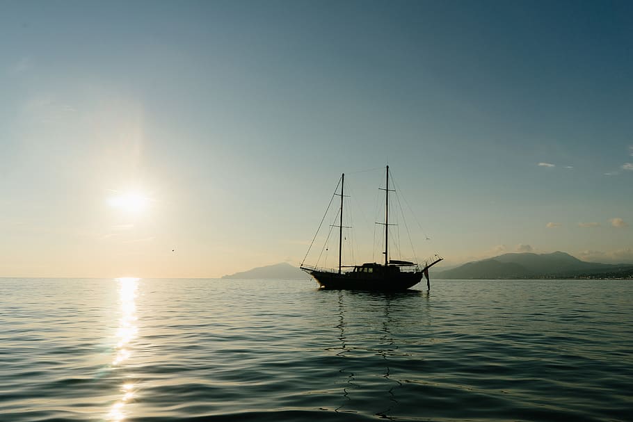 sea, adventure, boat, sunset, italy, yacht, mountaints, water, HD wallpaper