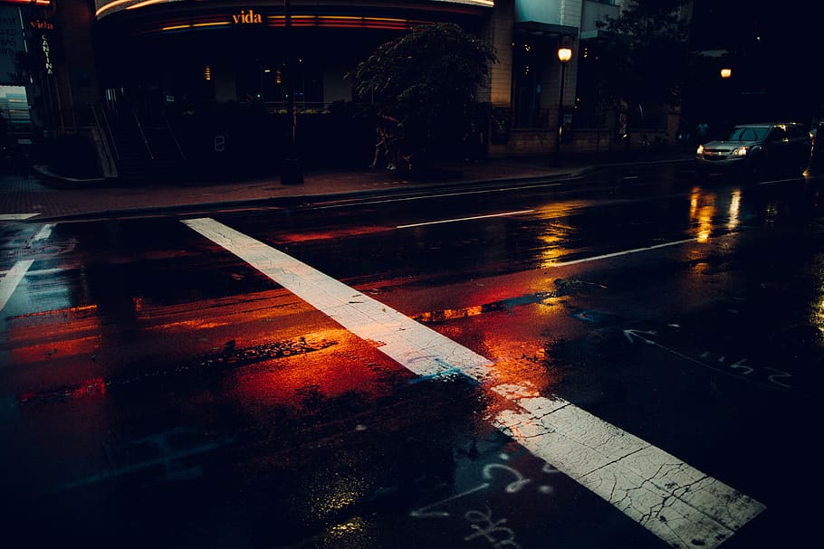 wet pathway, city, rain, transportation, street, road, night HD wallpaper