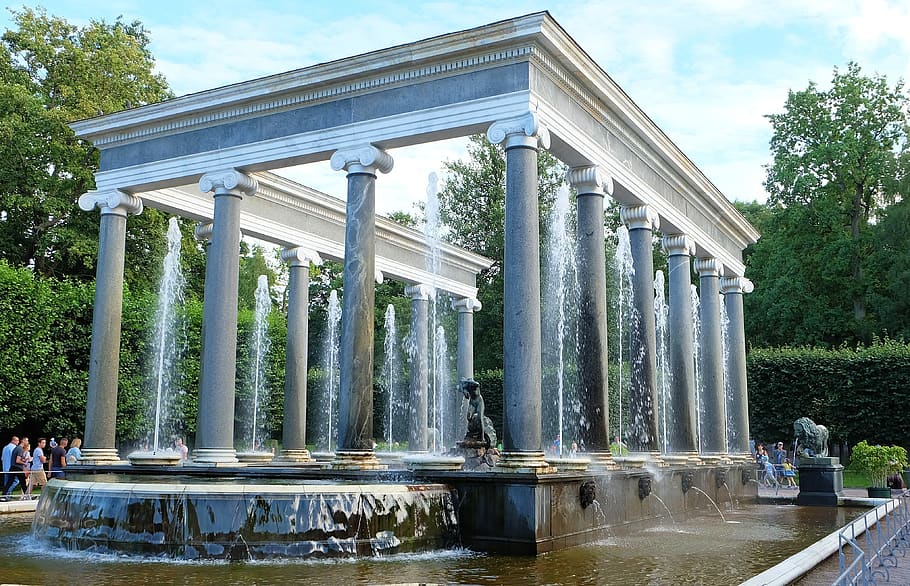 fountain, water, columns, old, architecture, historical, tourism HD wallpaper