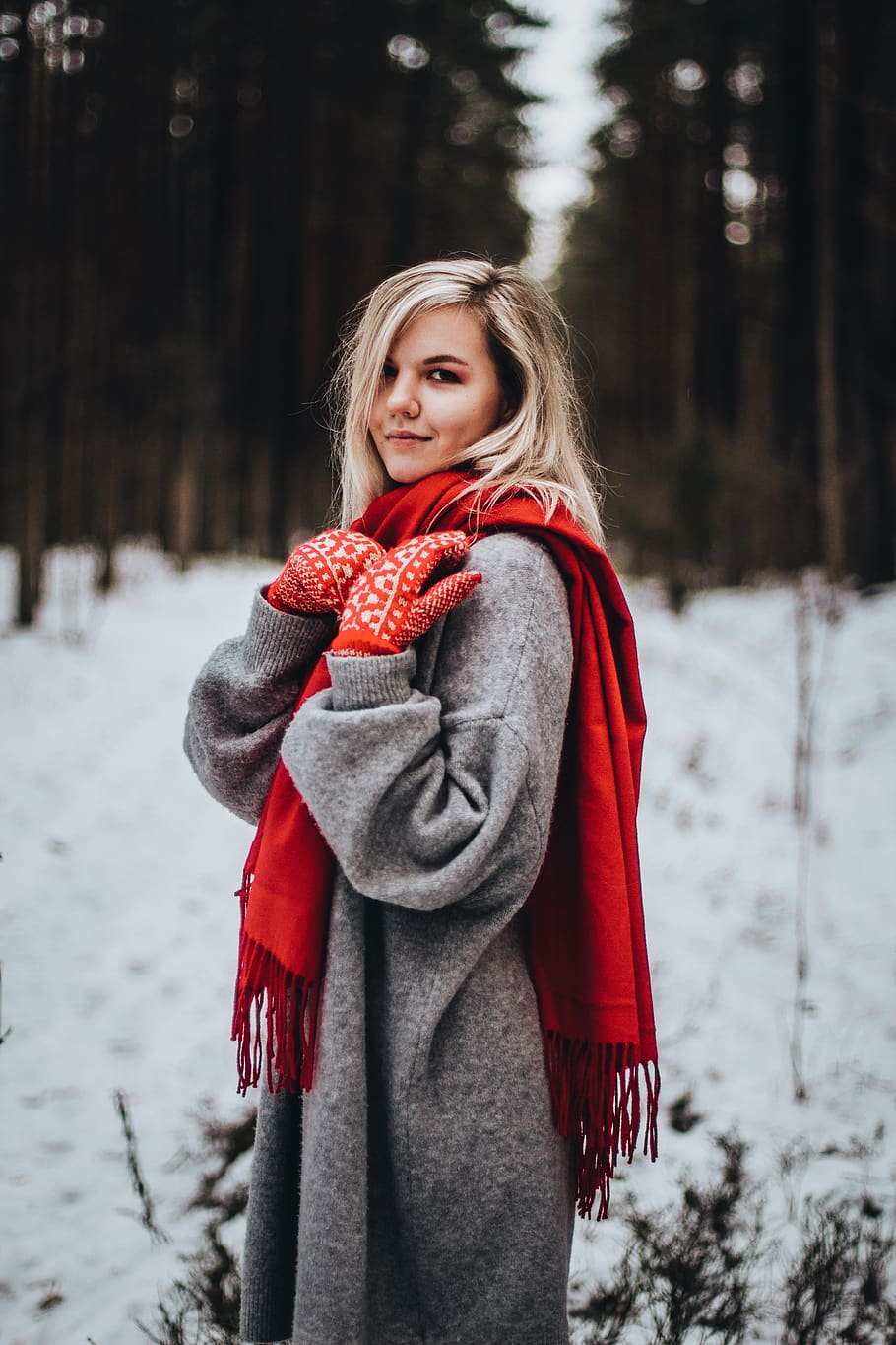 woman wearing gray coat and red scarf, clothing, apparel, human, HD wallpaper