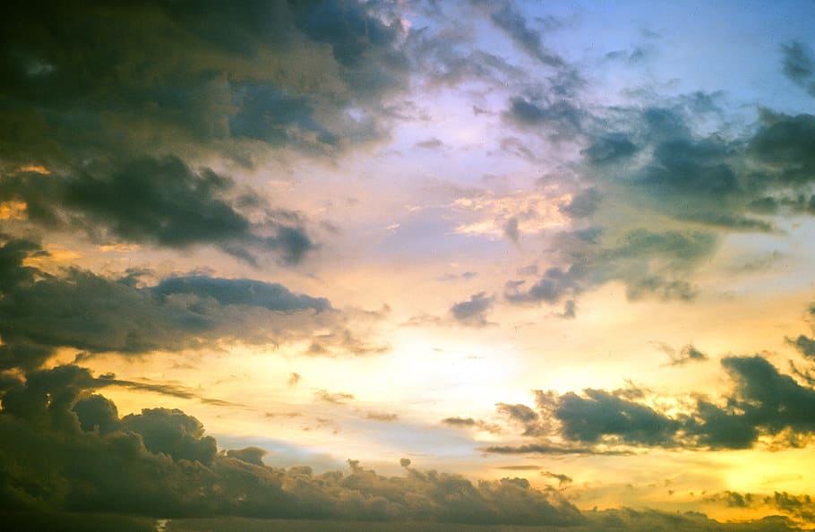 Yellow and White Clouds on Sky, beautiful, blue, cloudy, light HD wallpaper