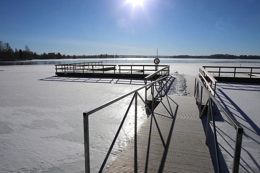 winter, ice, snow, pier, sky, sun, kokemäki, sastamala, finnish HD wallpaper
