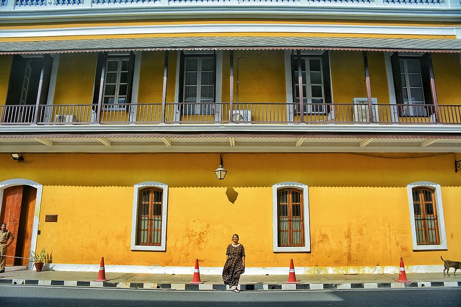 Yellow Building, architecture, balcony, exterior, facade, person HD wallpaper