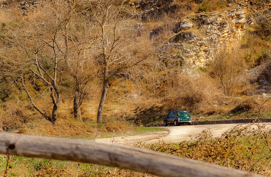 landscape, mini cooper, curve, forest, old, rusty, auto, nostalgia HD wallpaper