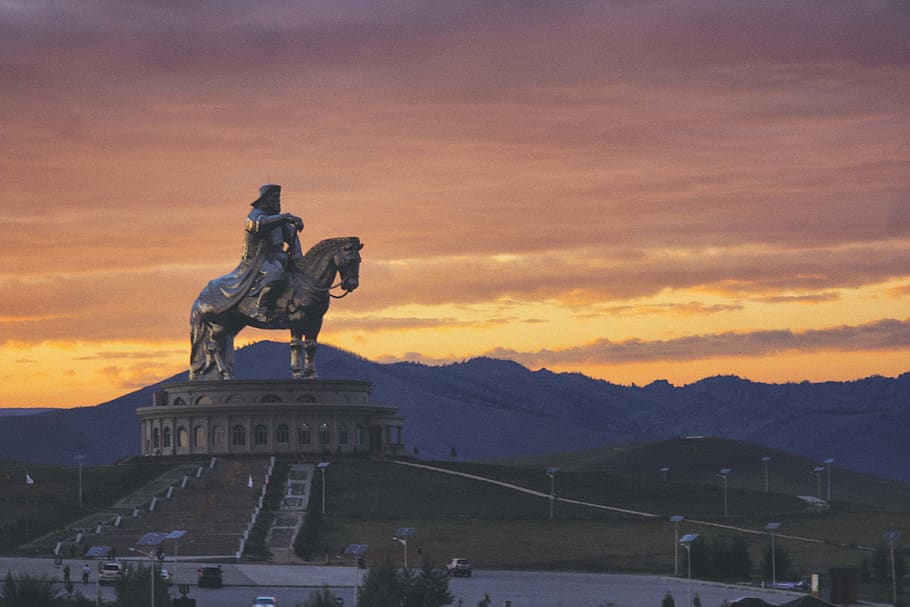mongolia, sky, sculpture, representation, art and craft, sunset, HD wallpaper