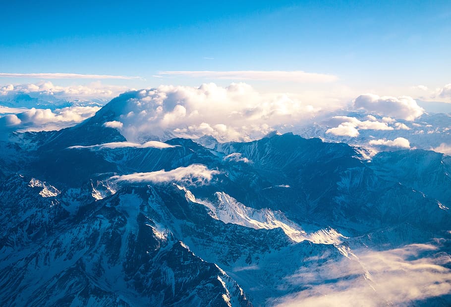 blue, sky, clouds, mountain, summit, peak, ridge, valley, hill HD wallpaper