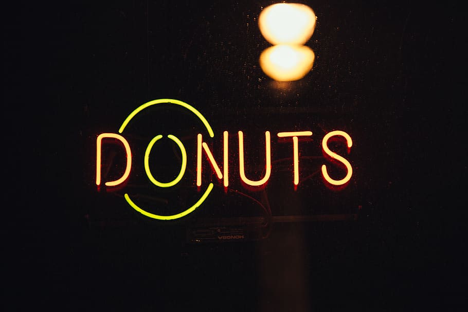 lighted Donuts signage, illuminated, night, lighting equipment HD wallpaper