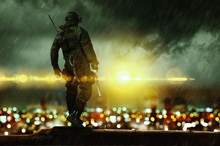solider, night, city, sport, illuminated, full length, people HD wallpaper
