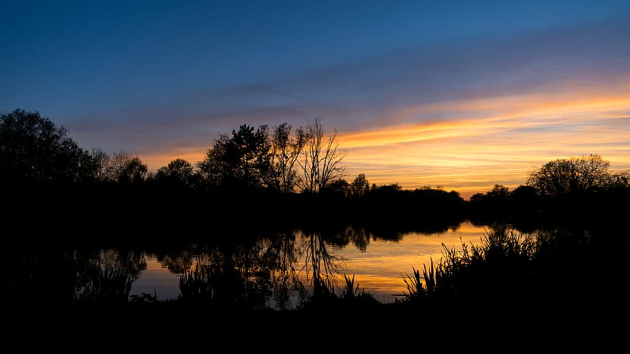 lake, sunset, sunshine, mirror, reflection, shadow, sky, blue HD wallpaper