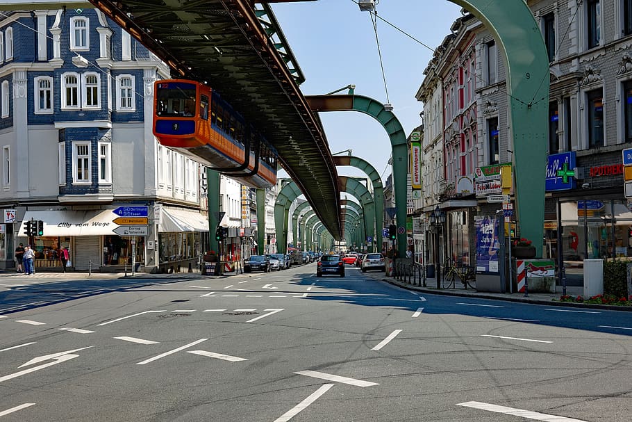wuppertal, schwebebahn, viaduct, imperial road, train, blue-orange, HD wallpaper