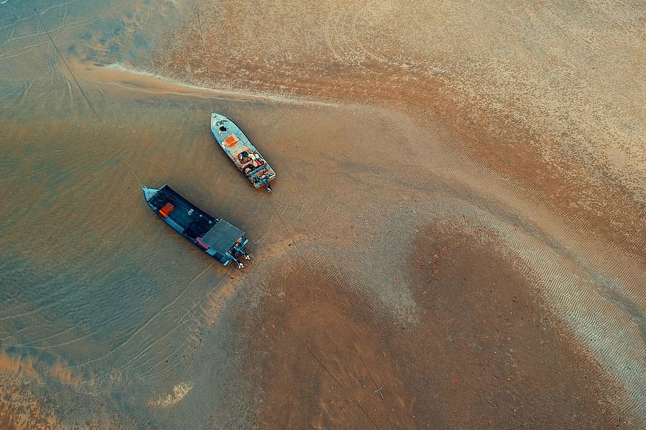 Bird's-eye View of Two Boats on Water Near Shore, abstract, beach HD wallpaper