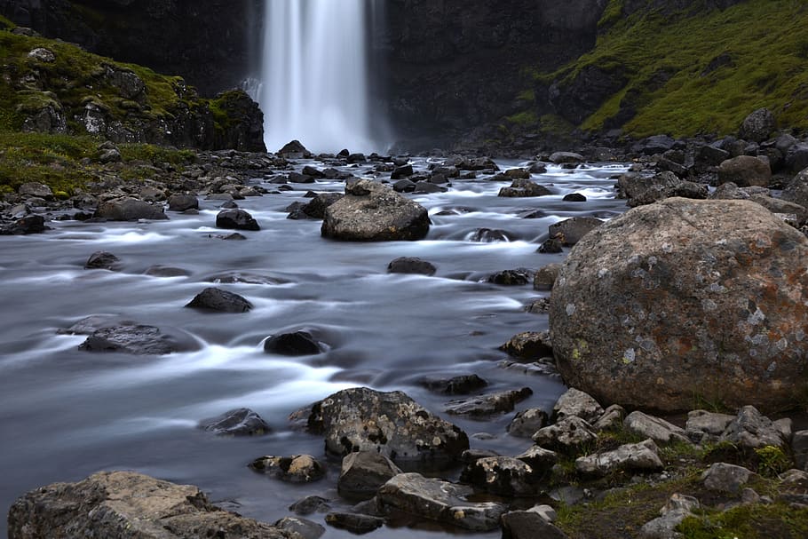 Brown Rock Besides Body of Water, cascade, landscape, nature HD wallpaper