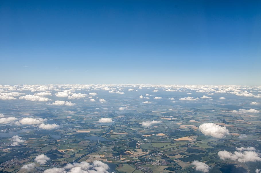 flight, ground, land, fields, blue, clouds, sky, aerial view, HD wallpaper