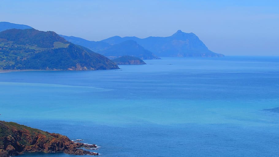 coastline, sea, blue sky, cliffs, mountains, algeria, landscape HD wallpaper