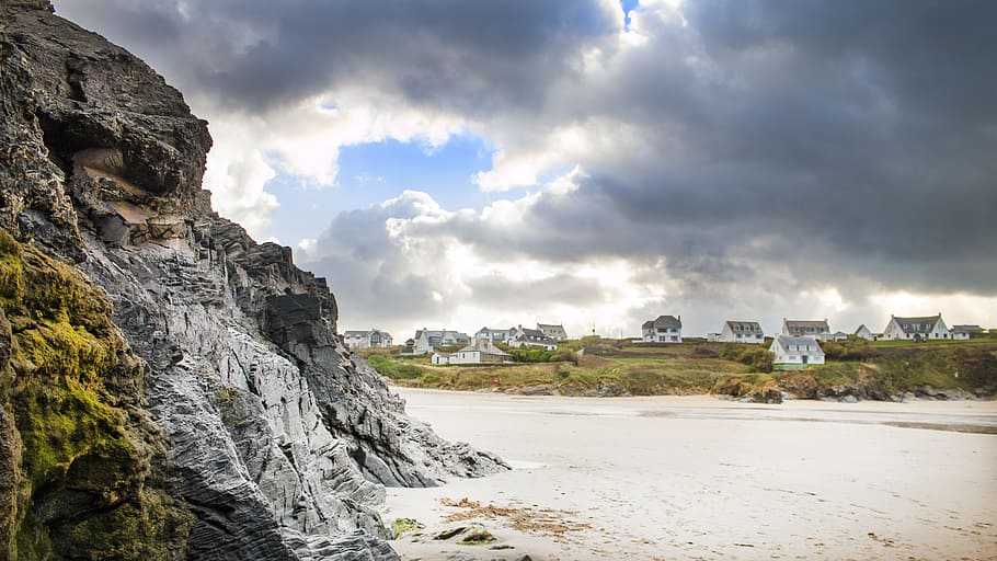 White Sand Beside Grey Rock Cliff, beach, cliffs, cloud, clouds HD wallpaper