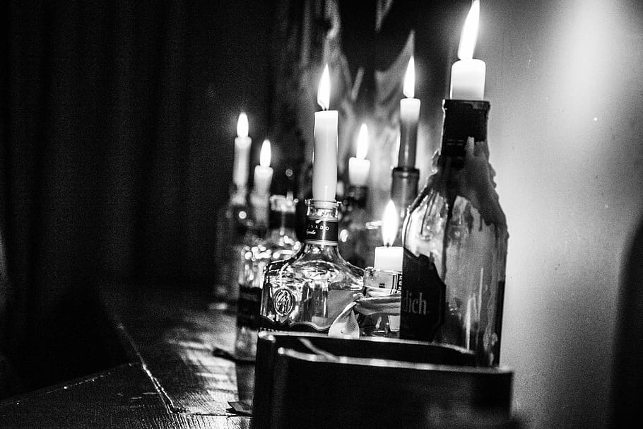 candles, dark, black and white, illuminated, indoors, fire HD wallpaper