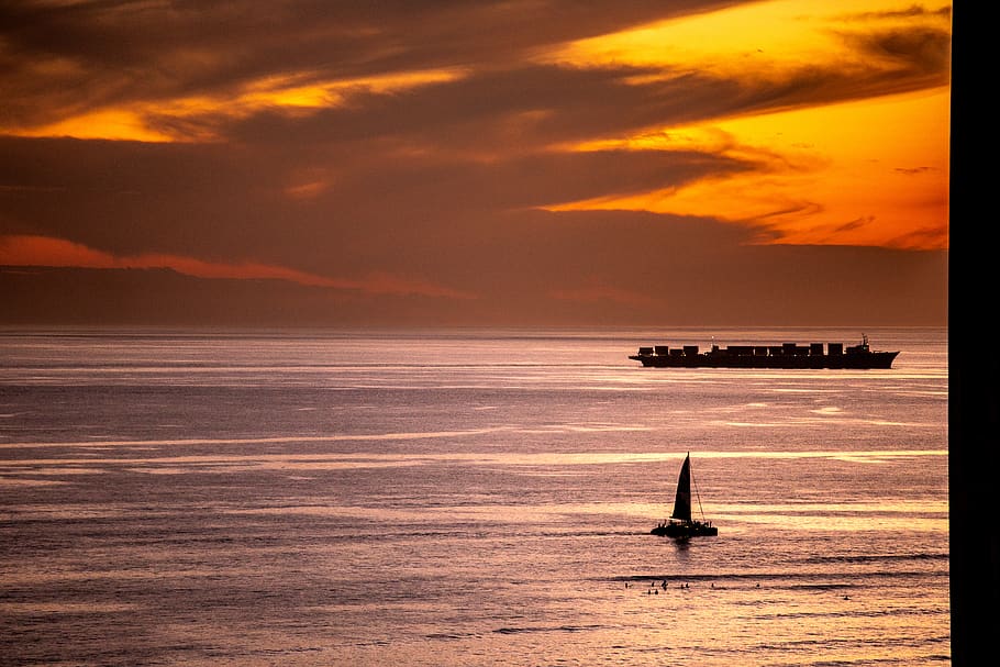 light, sunset, shadow, silhouette, orange, boat, hawaii, nautical vessel HD wallpaper
