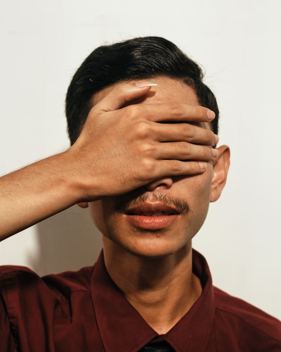 Man Covering His Eyes, boy, facial hair, hand, person, headshot