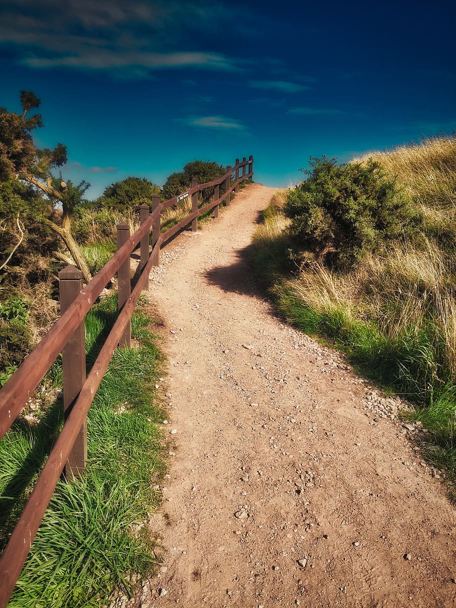 away, slope, railing, rise, sky, hike, nature, target, path HD wallpaper