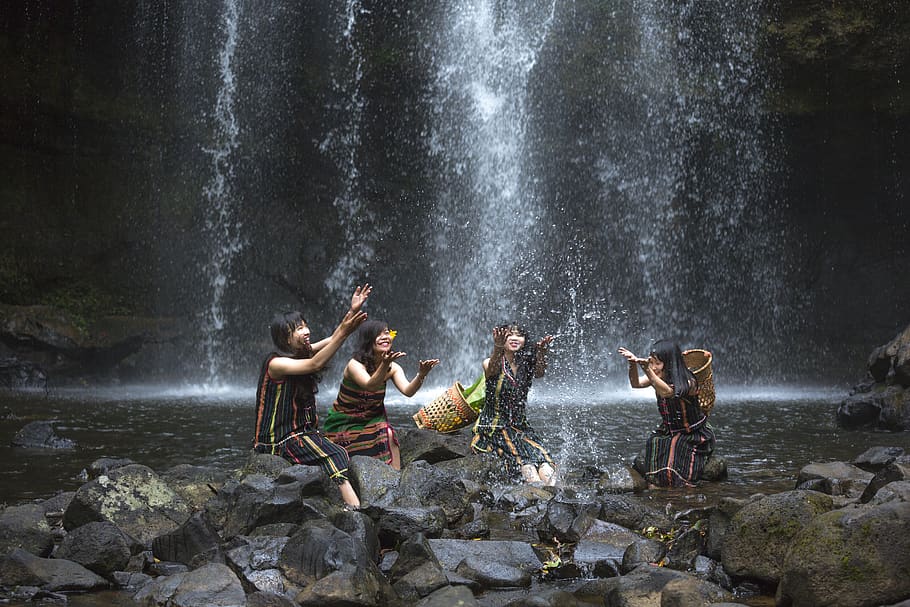 Four Women Playing at the Waterfalls, enjoyment, fun, people HD wallpaper