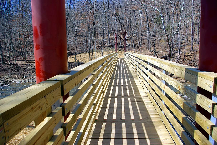 footbridge over lee creek, wood, suspension, metal, outdoor, HD wallpaper