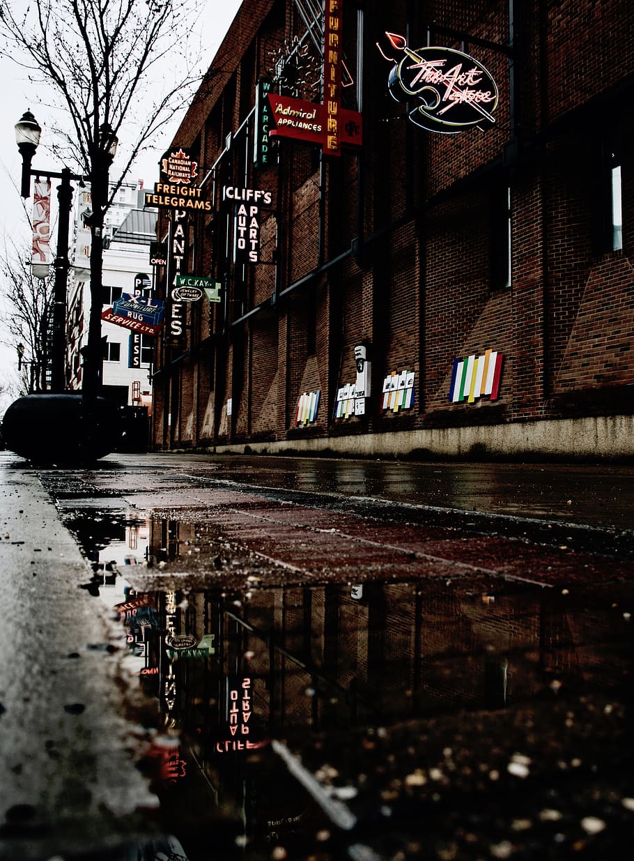 street, water, reflection, stores, lightposts, architecture HD wallpaper