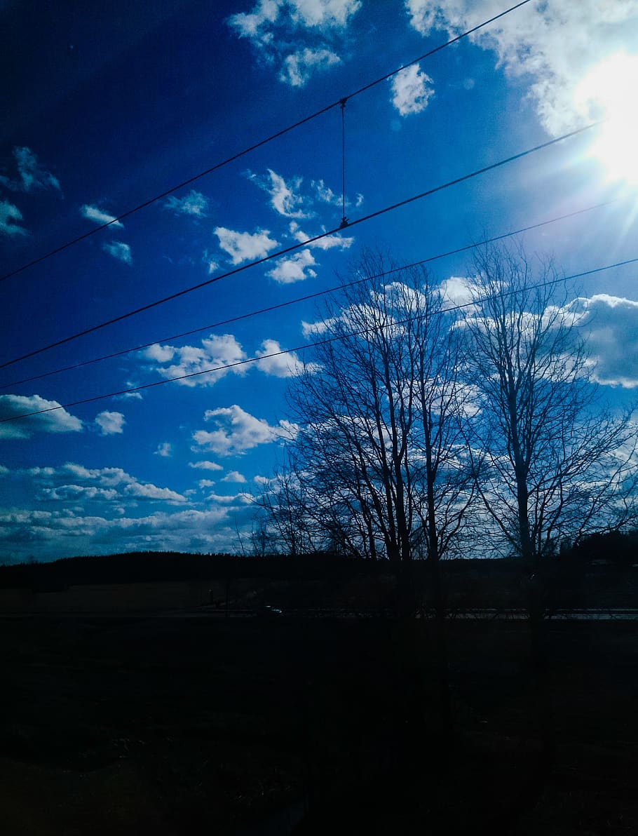 clouds, sky, daytime, railway, spring, cloud - sky, tree, cable HD wallpaper