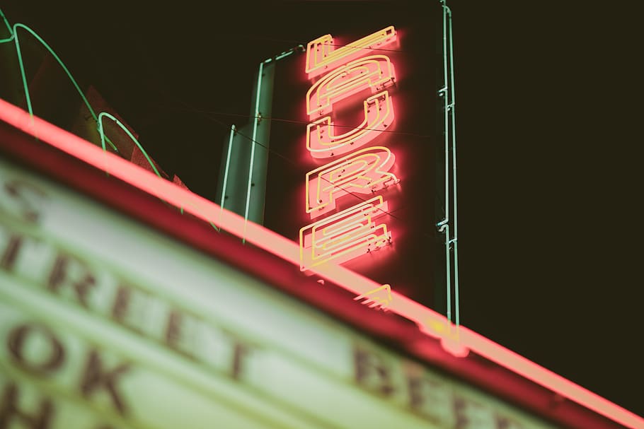 red LED sign, light, neon, building, motel, hotel, meal, food HD wallpaper