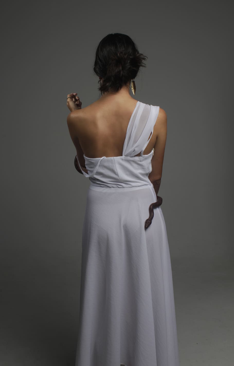 Photo of Woman Wearing One-Shoulder Dress, back view, earring, HD wallpaper