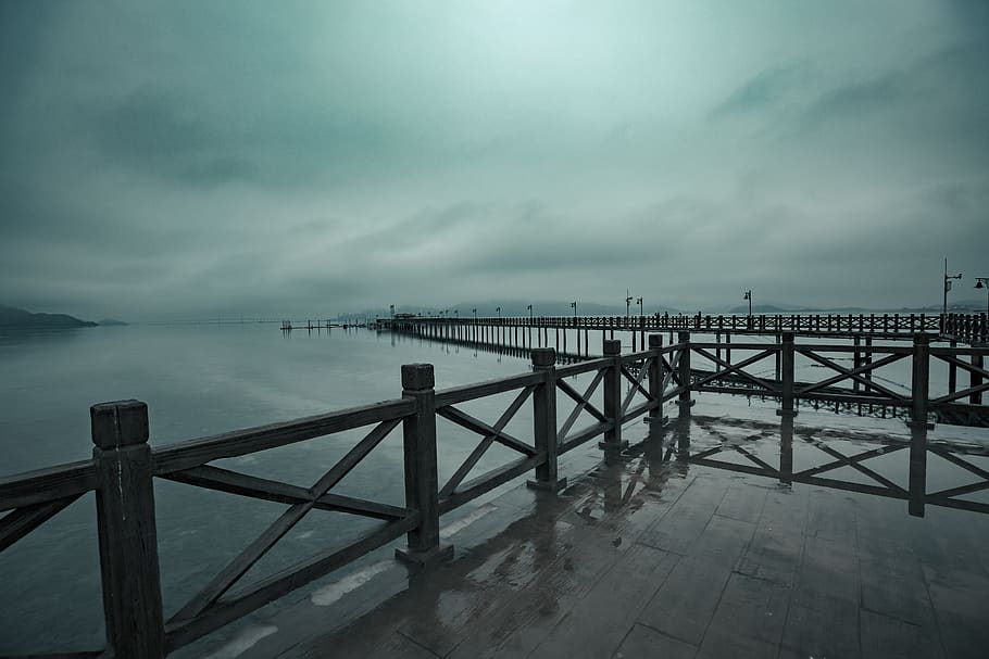 empty pier during gloomy day, water, waterfront, dock, port, bridge, HD wallpaper