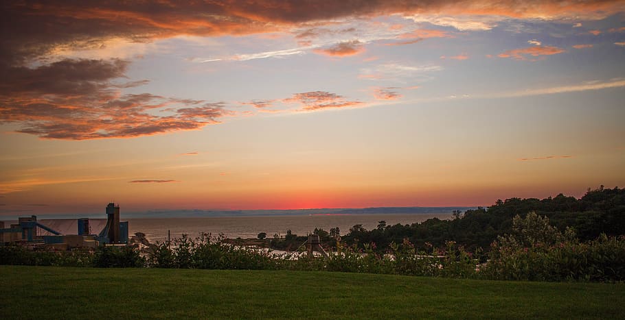 canada, goderich, water, grass, sunset, clouds, trees, lake HD wallpaper